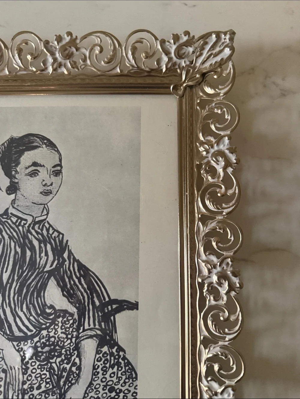 Vintage Gold Tone Ornate Picture Frame with Van Gogh Pencil Art